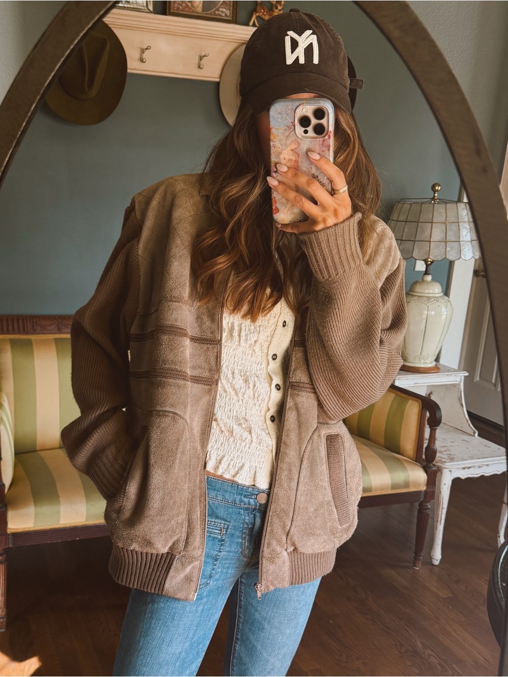 Vintage Brown olive suede / knit Bomber Jacket sz XL